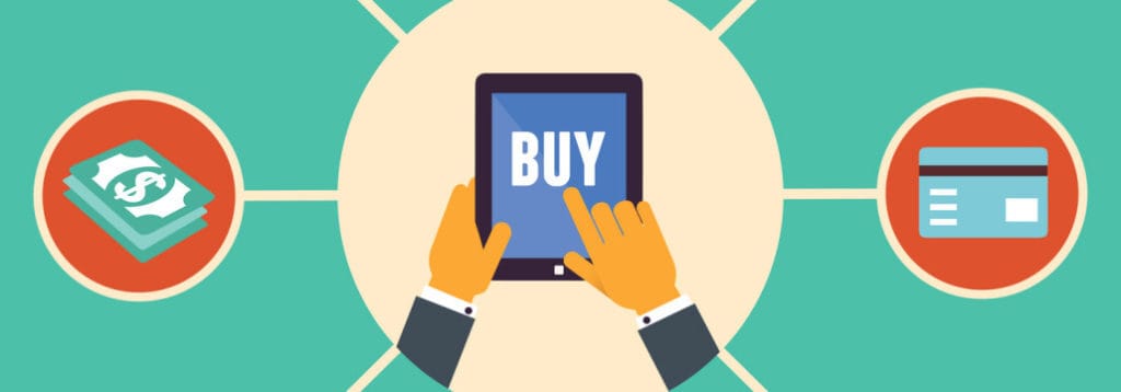 Flat design vector concept of e-commerce symbols, online shopping and buying